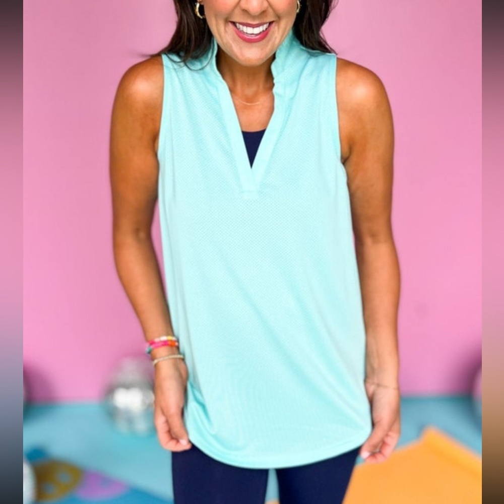 SSYS Aqua OR Bright Melon Sleeveless Frill V Neck Active Top - Picture 2 of 10